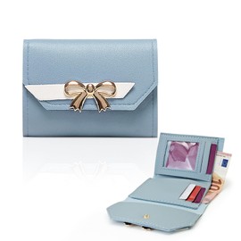 FuninCrea Women's Small Purse with Bow, Women's Small Purse Leather Wallet Women's Bifold Women's Wallet with ID Window and 4 Card Slots, blue, Modern
