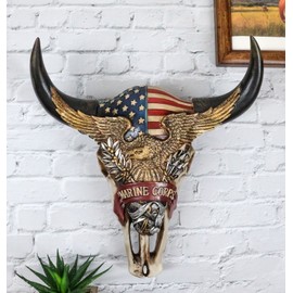 Western Patriotic Bull Cow Skull W/ American Flag Bald Eagle Marine Wall Decor