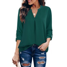 Gaharu Women Chiffon Blouse Work Tunic Length Tops Rolled Sleeve Shirts for Leggings V Neck Formal Tunic Office Clothes Green,XL