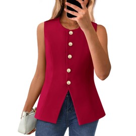 BTFBM Summer Sleeveless Blazer Vest For Women Dressy Button Down Round Neck Business Casual Outfits Work Suit Vests Tops(Red, X-Large)