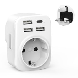 Travel Adaptor UK Adapter England Germany Plug with 3USB 1USB C (3.4A) with 1 Socket, UK Adapter, Socket Adapter England, Travel Adapter Type G for England, Ireland UK, Dubai, Maldives, Qatar,