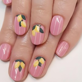 Pink Press on Nails Spring Summer Fake Nails Short Almond Shaped False Nails Lemon Designs Glossy Reusable Acrylic Nails Full Cover Glue on Nails for Women Nail Art Decorations 24 Pcs