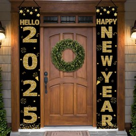 Happy New Year Decorations 2025, New Year Eve Party Supplies Porch Banner Sign for Front Door Yard Decor Outdoor Indoor Black Gold, 72x12 Inch