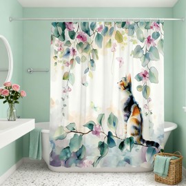 JONSEQIN Plants and Cat Shower Curtain Cute Cat Green Potted Floral Stall Floral Cute Kitty Funny Animal Greenhouse Garden Botanical Flowers Leaves Bathroom Decor Curtains 70x70 inch with Hook