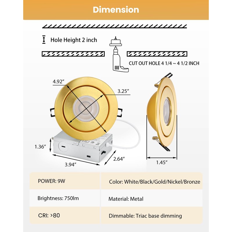 POPANU 4 inch LED Recessed Light - 9W Gold Gimbal