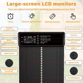 Solar Powered Automatic Chicken Coop Door,Solar Chicken Coop Door with Remote Control, LCD Display Automatic Chicken Door Function with Timer, Light Sensor, Anti-Pinch,Made of Aluminum Alloy and ABS