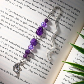 Vintage Metal Bookmark Pendant with Natural Crystal Bead Chain – Elegant Book Marks for Women, Men, Book Lovers, Teachers, and Students(Amethyst)