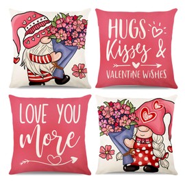 MEHOFOND Valentine's Day Pillow Covers 18x18 Inch, Pink Valentines Day Gnome Pillow Covers, Holiday Anniversary Throw Pillow Covers, Love You More Cushion Case Decoration for Sofa Couch Set of 4