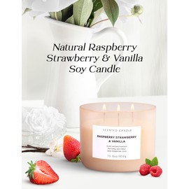 Raspberry Strawberry Vanilla Scented Candles for Home | Natural 3 Wick Soy Candle | Calming Aromatherapy Candle Gift for Women and Men | 15.8 Oz Large Relaxing Candle Highly Scented