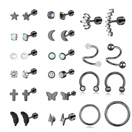PLOMFOV Stainless Steel Stud Earrings Set - Women's & Men's CZ Leaf Heart Star Moon Butterfly Flat Back Cartilage Stud Hoops 16G Helix Tragus Earrings - Black Tone