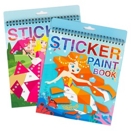 2 Pack Sticker Books for Kids Ages 4-8, Crafts for Kids Ages 4-8 Sticker Paint Books Boys and Girls Birthday Gifts Party Favor, Travel Activity Book Set for Learning (Princess+Mermaid)