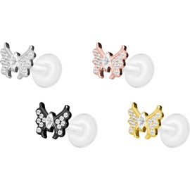 PIERCINGLINE PTFE Labret with Internal Thread + Titanium Attachment Crystal Butterfly Piercing Lip Nose Ear Helix Tragus Medusa Choice of Colours and Sizes, Titanium Titanium PTFE