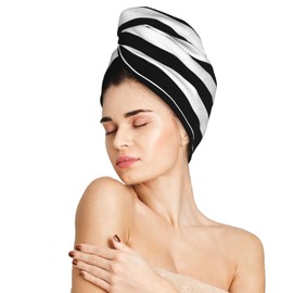 famliihw Black and White Stripe Hair Towel Wrap Microfiber Fast Drying Hair Turban with Buttons for Women Girls Drying Curly, Long & Thick Hair