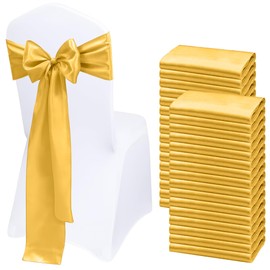 WASIRL Satin Chair Sashes Bows Light Gold Chair Sashes 50pcs Chair Ribbon Sashes for Wedding Party Reception Events Banquets Hotel Event Chairs Decoration（Light Gold 7x108 inch）