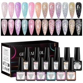 Four Lily 12 Pcs Reflective Glitter Gel Nail Polish, Shimmery Gel Polish Set Sparkly Shiny Gel Soak Off UV LED Nail Art Varnish Manicure Kit DIY at Home