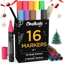 Chalkola Liquid Chalk Markers for Blackboard & Glass (Pack of 16, 6mm Reversible Tip) Washable Chalk Pens for Window, Bistro, Mirror, Car, Wall Calendar, Menu Board | Chalkboard Markers Erasable