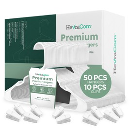 HevraCom Durable Plastic Hangers 50 Pack, White Plastic Hangers with Clips for Pants, Skirts, Shorts, Shirts, Dresses, Slacks, Coats, Clothes & Garments, Durable, Non-Slip, Space Saving Design