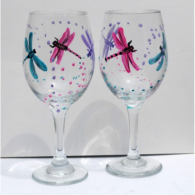 2 Dragonfly Multi Color Hand Painted Wine Glasses