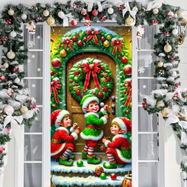 BlissYard Christmas Door Banner Door Cover Christmas Santa Claus Front Door Banner Merry Christmas Photo Background 71×35 Inch Winter Xmas Door Backdrop For Party Outdoor And Indoor Home Decorations