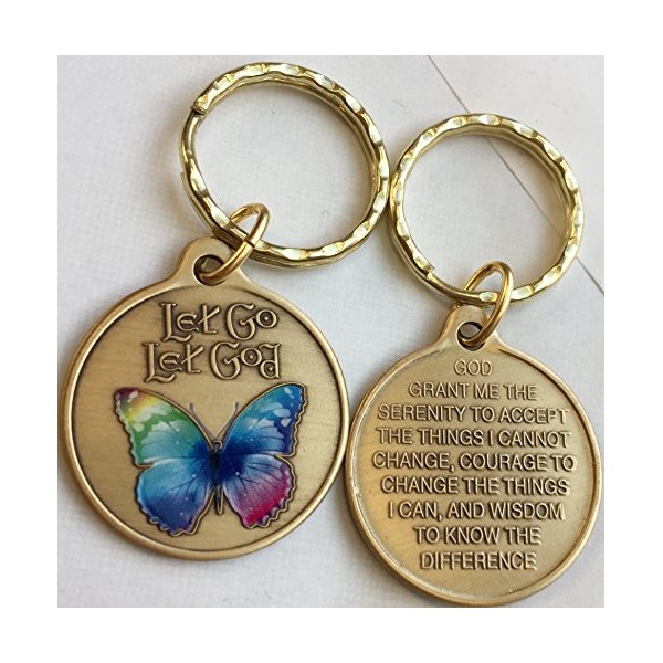 Let Go Let God Color Butterfly Serenity Prayer Bronze Keychain