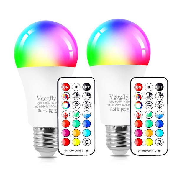 Vgogfly RGB Led Light Bulbs 10W Color Changing Light Bulb with Remote Control 5000k Daylight White (2 Pack)