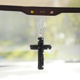 ZIMISI Bling Cross Car Hanging Ornament, Crystal Rhinestone Car Rearview Mirror Pendant for Women, Diamond Rear View Mirror Charm Present, Universal Vehicle Interior Decoration Accessory (Black)