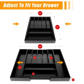 Bellsal Large Premium Bamboo Silverware Organizer - Expandable Utensil Drawer Organizer - 17"x19.6" Utensil Holder and Cutlery Tray with Grooved for Kitchen Flatware and Utensils(7-9 Slot, Black)