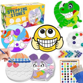 LLESSOO Paint Your Own Stepping Stones, Arts and Crafts for Kids Ages 6-8-12, Birthday Easter Gifts for Boys Girls Age 6 7 8 9 10+Year Old, 5 Pack Garden Stones-Rabbit, Dinosaur, Unicorn, Emoji, Egg
