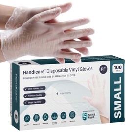 Handicare Clear Vinyl Disposable Gloves, Powder-Free, Latex-Free, Non-Sterile, Food Safe, Medical Exam, Industrial Grade (Box of 100, Small)