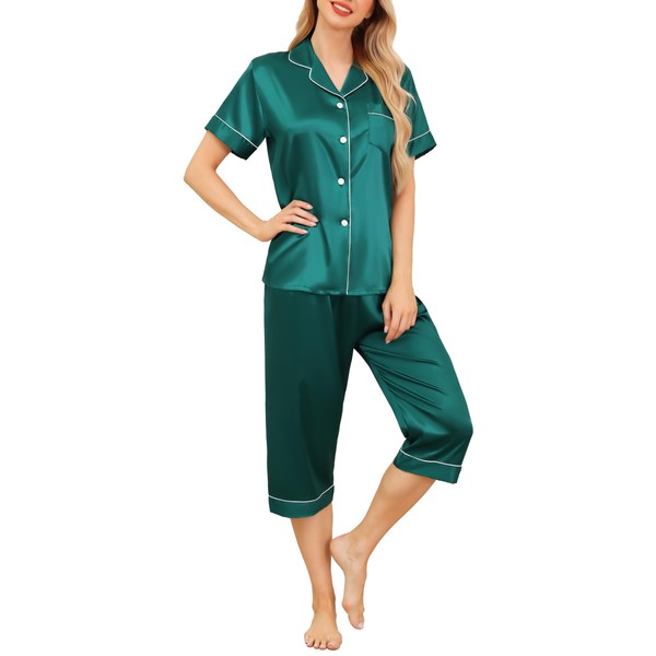 Vlazom Women's Pyjamas Sets, Silk Pj's Set Short Sleeve Button