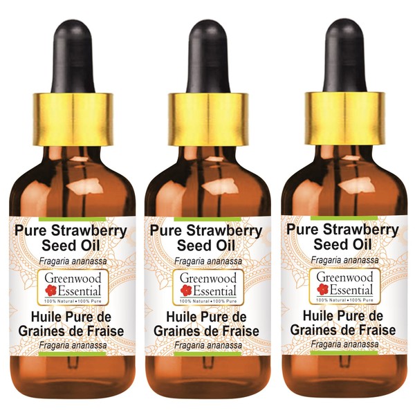 Greenwood Essential Pure Strawberry Seed Oil (Fragaria ananassa) with Glass Dropper Natural Therapeutic Quality (Pack of Three) 100 ml x 3 (10 oz)