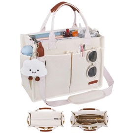 BESBESME Canvas Tote Bag for Women with Zipper & Compartments– Large Multi-Pocket Work & College Crossbody Shoulder Bag, Detachable Strap, Laptop Purse for Teachers, Nurses, Travel, Church, Beige M