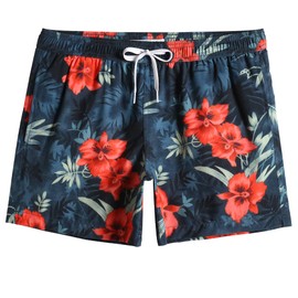 MaaMgic Mens 4 Way Stretch Swim Trunks 5.5" with Mesh Lining Quick Dry Swimwear Bathing Suits,Gorgeous Red Flower,Medium