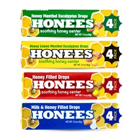 Honees Honey Filled Drops, Variety Pack (Honey, Milk & Honey, Honey Lemon, and Menthol)-Natural Sore Throat Relief - Throat Lozenges, Nothing Artificial - Non-GMO (16 Pack-144 Drops)