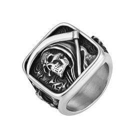 Raymard Mens Punk Death Skull Rings,Stainless Steel Gothic Skeleton Signet Rings for Men, Size 7