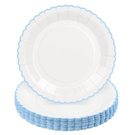 ZUQMZUQ 30 Pcs Blue and White Paper Plates, 9 Inch Baby Shower White Dinner Plates, Baby Blue Scalloped Paper Plates Party Supplies for Baby boy Shower, Wedding, Birthday, Bridal Shower