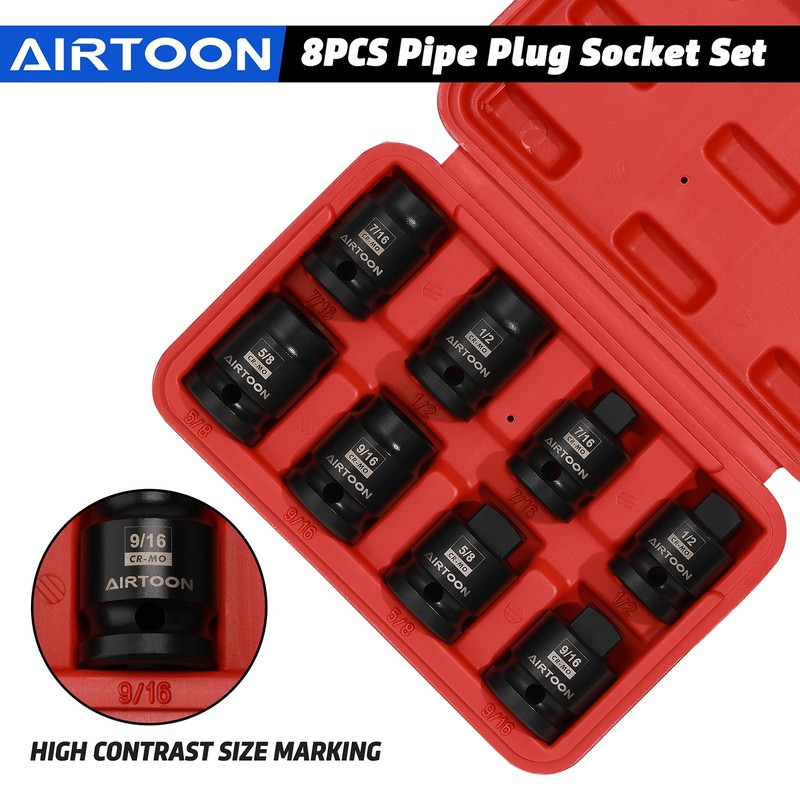 AIRTOON 1/2" Drive Pipe Plug Socket Set, 8-Piece, SAE, CR-MO,