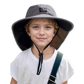 FEOYA Toddler Sun Hat Kids Sun Hat with Neck Flap UV Sun Protection Bucket Hat Mesh UPF50+ Neck Flap Hat Quick Dry Sun Hats Foldable Beach Hat Grey