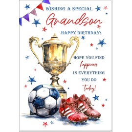doodlecards Grandson Birthday Card Footballer's Trophy Large A4 Size with Plain Envelope
