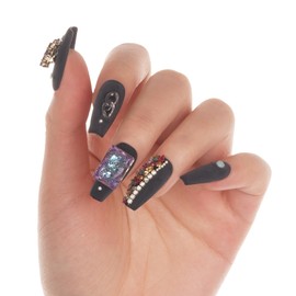 Long Coffin Shaped Luxury Press on Nails - Black Chopin | Ballerina Artificial False Nails, Matt Black Fake Nails with 3D Ornaments, Sparkling Diamond | Salon Quality Reusable Nails Kit (Size M)