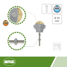 Amig - Umlenkrolle mit Laufrolle aus Messing, 39 mm, Mod.23 | M6 x 50 mm | Für Wäscheleine | 18/8 Edelstahl | Mit Befestigungsschraube und ohne Leitrollen