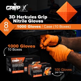 GRIPXX Herkules Grip Heavy Duty 8Mil Orange Nitrile Gloves,3D Raised Diamond Texture-Latex & Powder Free-Industrial, Mechanic (10, Medium)