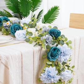 6.07Ft Artificial Blue Flower Garland, Dahlia Fake Vines Flower Wall Backdrop Eucalyptus Garland with Silk Rose Hydrangea Peony Floral Garland for Birthday Wedding Table Centerpieces Decor(1 Pack)