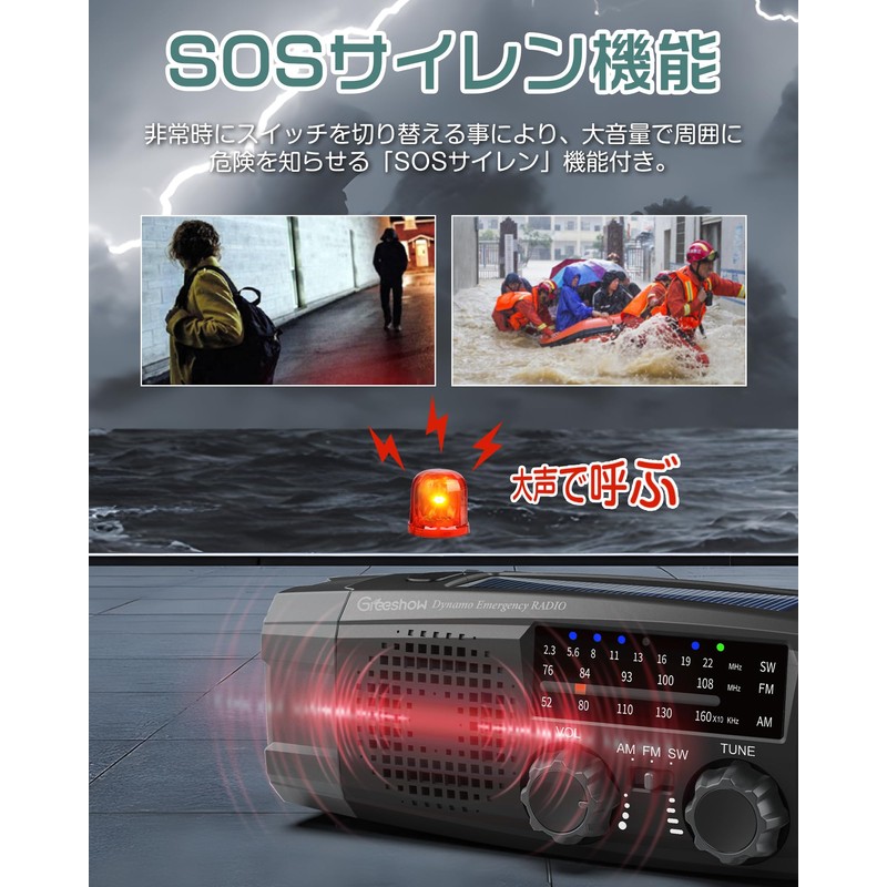 Greeshow Disaster Prevention Radio, Multi-functional Radio, Hand Crank, Flashlight, Portable