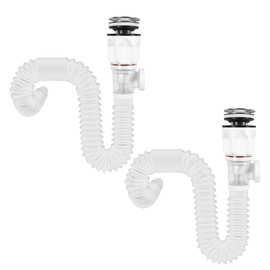 Rackickyer Bathroom White 2 Pack Sink Drain Kit, with Flexible Expandable P-Trap Sink Drain Pipe, Fits 1-1/4",1-1/2" and 2'' Drain Hole, Built-in Anti-Clogging Stopper, Anti-Odor Bathroom Sink Drain