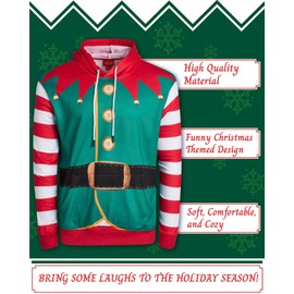 THREADCRAFT Men's Ugly Christmas Sweater - Santa Claus and Elf Novelty Hooded Holiday Pullover Sweater for Men (Sizes: S-XL), Size Small, Red Green Elf
