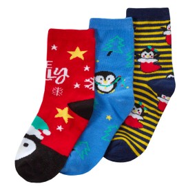 Metzuyan WS-AW23 3 Pairs Kids Girls Novelty Festive Xmas Socks Christmas Cotton Rich Red Penguin Socks 6-8.5