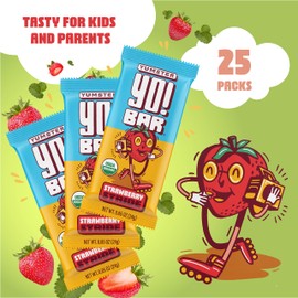 Yo! Bar by Bearded Brothers Vegan Organic Kids Bar | Gluten Free, Paleo and Whole 30 | Soy Free, Non GMO, Low Glycemic, No Sugar Added, Fiber + Whole Foods | Strawberry | 25 Bars
