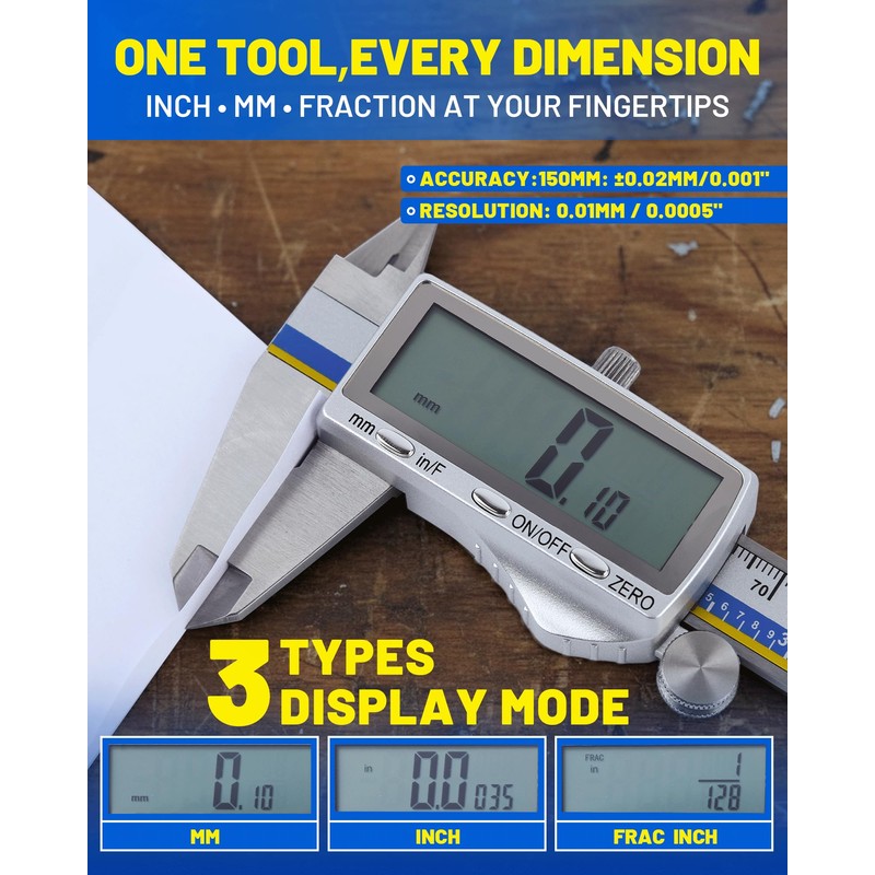 Digital Caliper with USB-C Charging, 6" Stainless Steel Digital Caliper