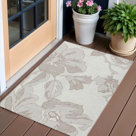 Homeroots 3' X 5' Ivory Beige And Taupe Floral Washable Indoor Outdoor Area Rug